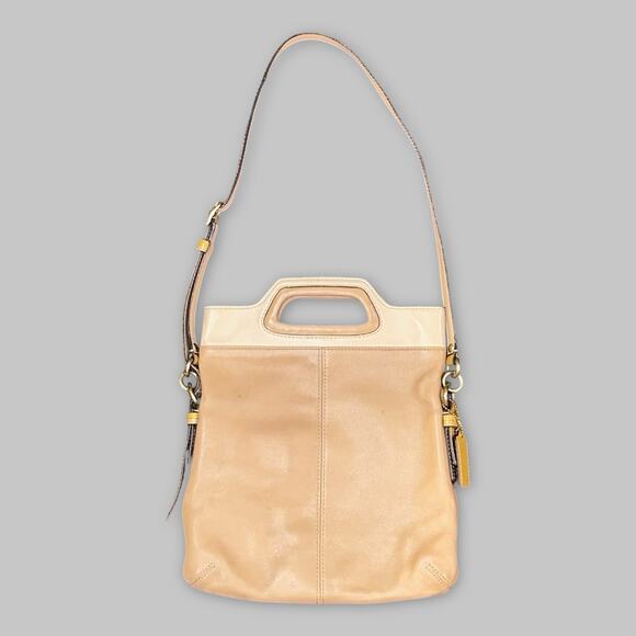 Coach Tan & Cream Leather Shoulder Tote Bag with Cutout Handles - Picture 2 of 7